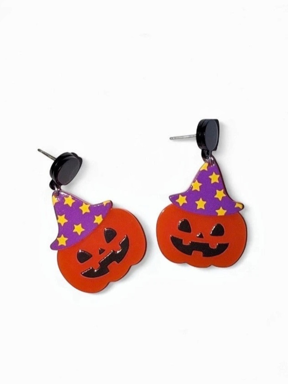 Halloween Pumpkin Witch Hat Earrings Orange & Purple